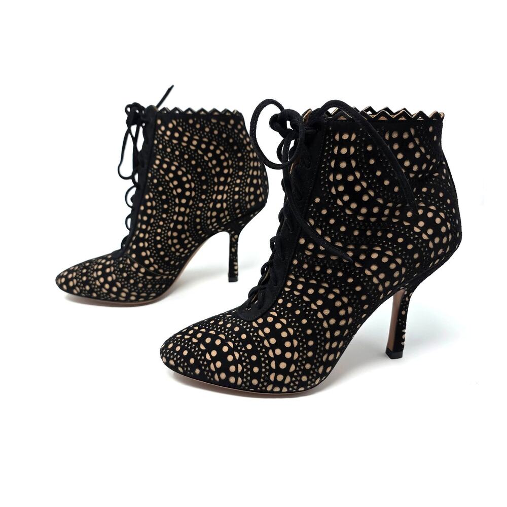 Alaia Ankle Lace Up Booties Black Suede Cutout Boots Heels EU 36.5 US 6.5
